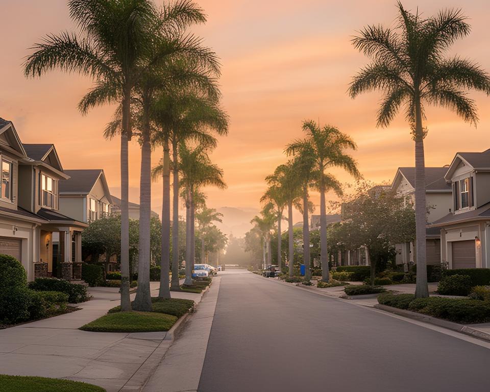 Gilbert neighbourhood street with palm trees, tidy homes, and a warm evening sky