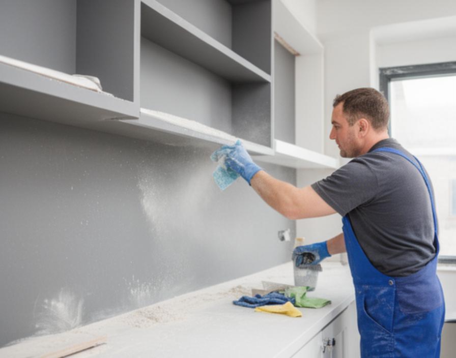 Cleaner removing construction dust from shelves and fixtures in a renovated modern room