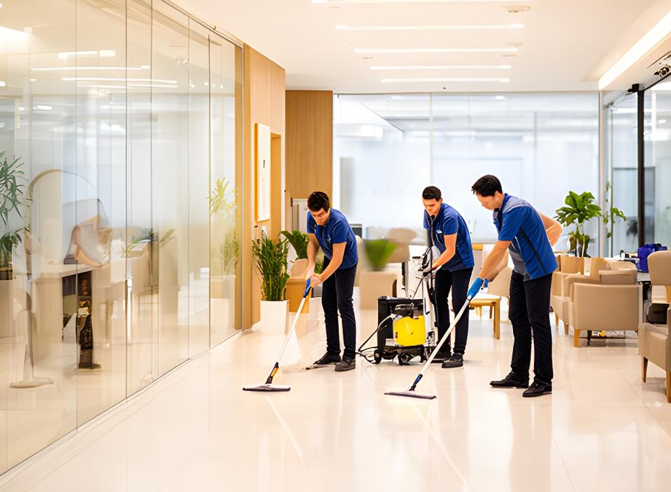 Commercial cleaning team sanitizing a modern office lobby with polished glass and bright flooring