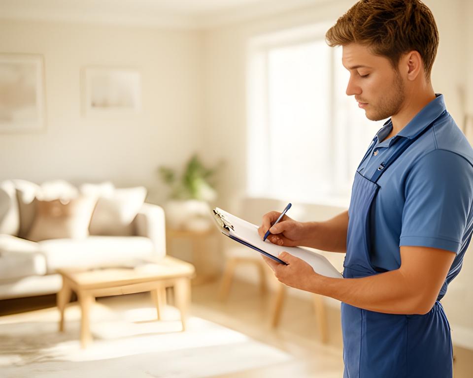 Cleaning specialist reviewing a quote form beside a bright, freshly cleaned living room